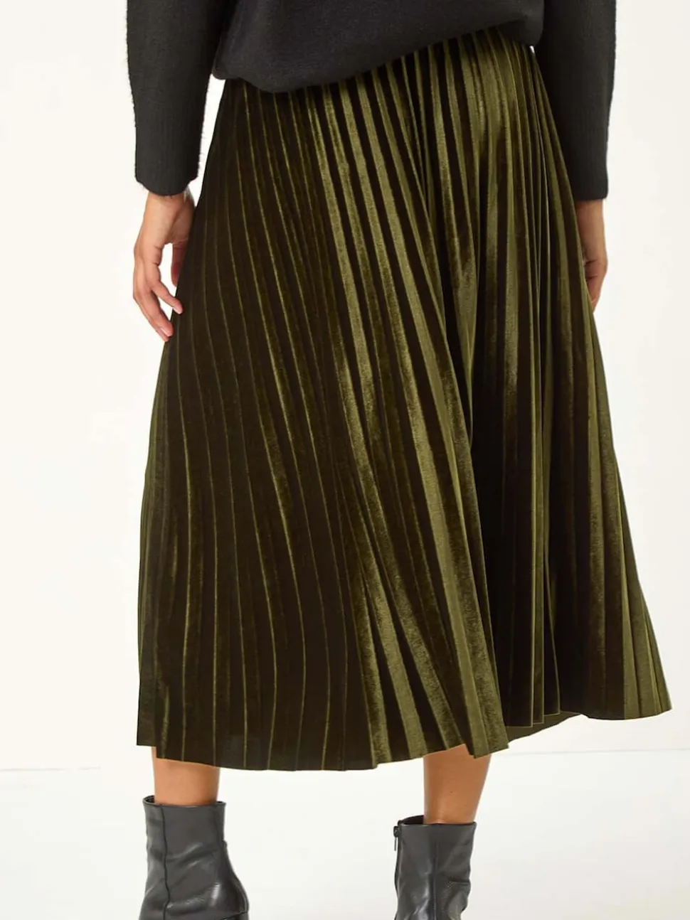 Roman Green Velvet Pleated Midi Skirt