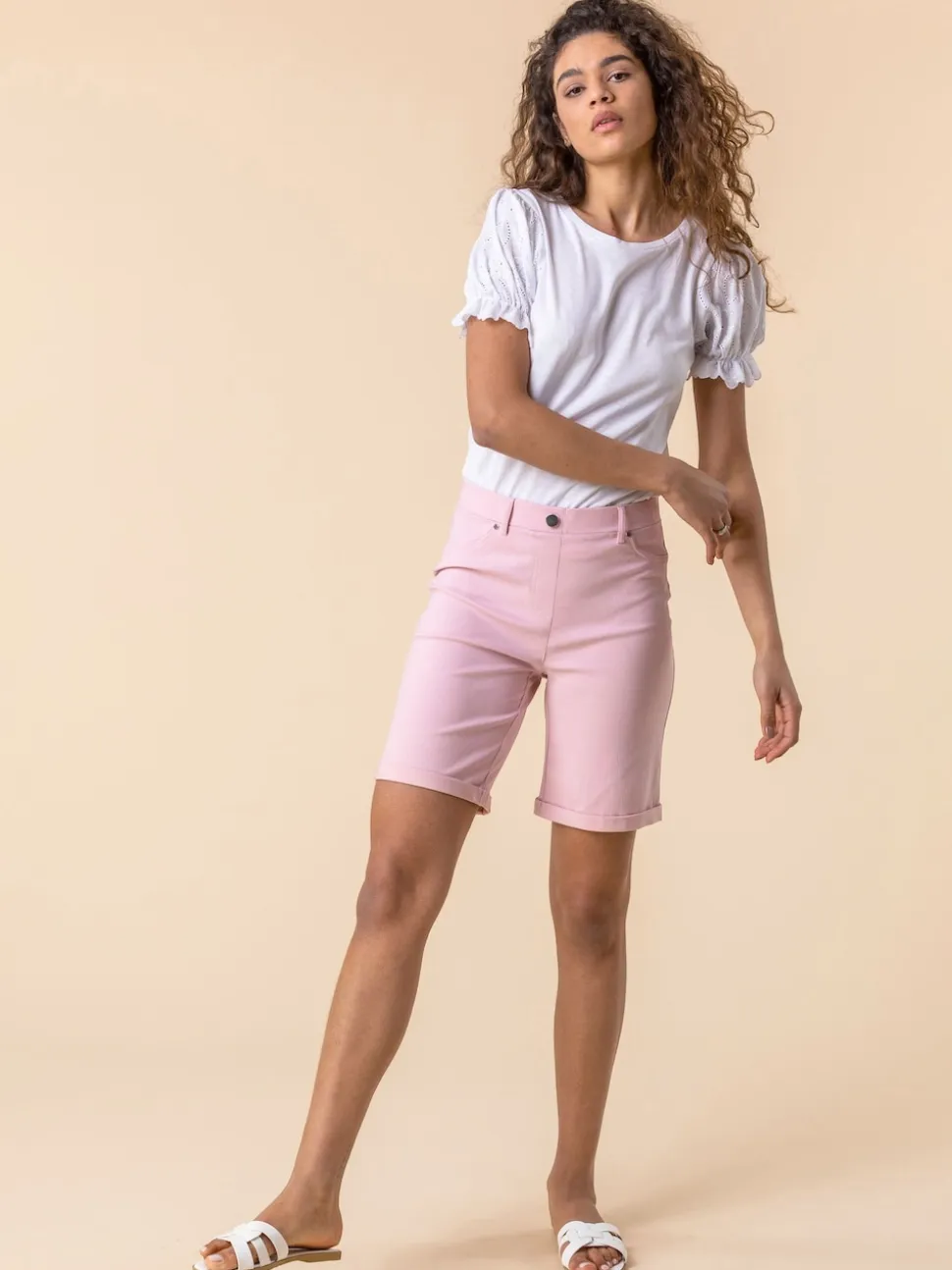 Roman Light Pink Turned Hem Stretch Shorts