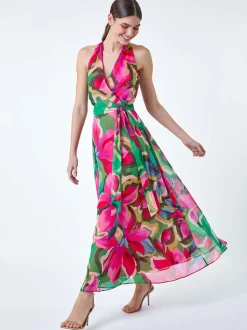 Roman Pink Floral Print Halterneck Maxi Dress