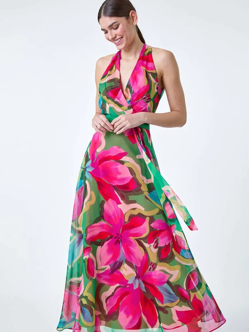 Roman Pink Floral Print Halterneck Maxi Dress