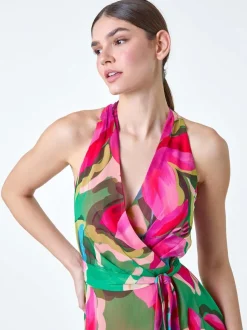 Roman Pink Floral Print Halterneck Maxi Dress