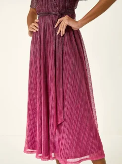 Roman Pink Ombre Shimmer Plisse Midi Dress