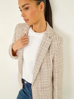 Roman Pink Petite Petite Boucle Cuban Collar Blazer
