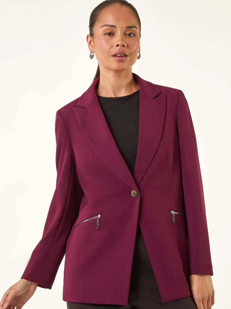 Roman Purple Petite Zip Pocket Stretch Blazer