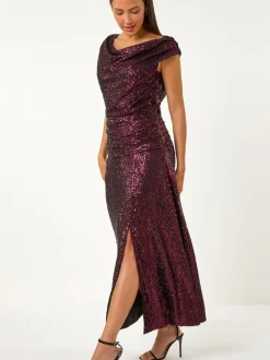 Roman Purple Sequin Cowl Neck Maxi Stretch Dress