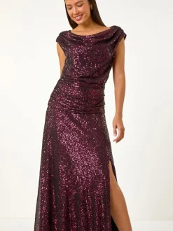 Roman Purple Sequin Cowl Neck Maxi Stretch Dress