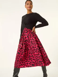 Roman Red Animal Print Twist Front Midi Dress