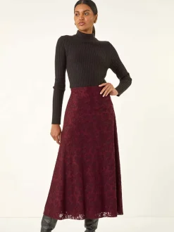 Roman Red Floral Textured A-Line Skirt