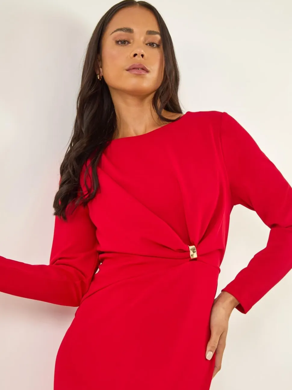 Roman Red Petite Gathered Stretch Midi Dress