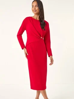 Roman Red Petite Gathered Stretch Midi Dress