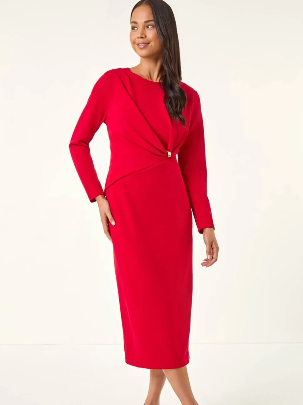 Roman Red Petite Gathered Stretch Midi Dress