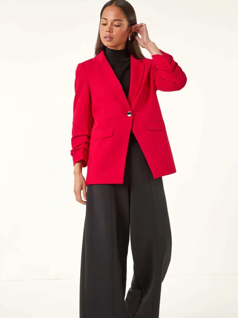 Roman Red Petite Ruched Buttoned Blazer