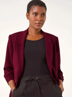 Roman Red Ruched Sleeve Stretch Blazer