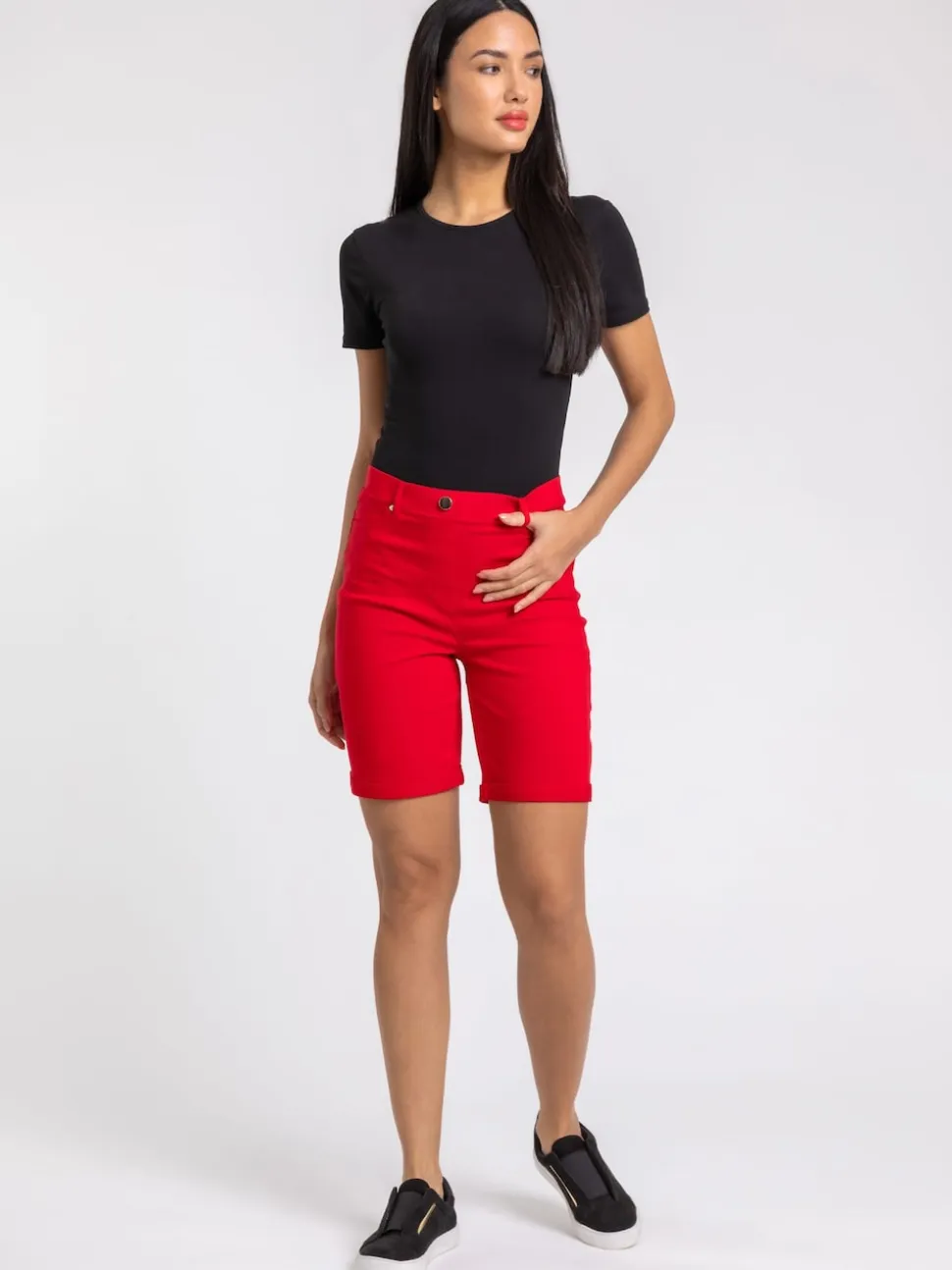 Roman Red Turned Hem Stretch Shorts