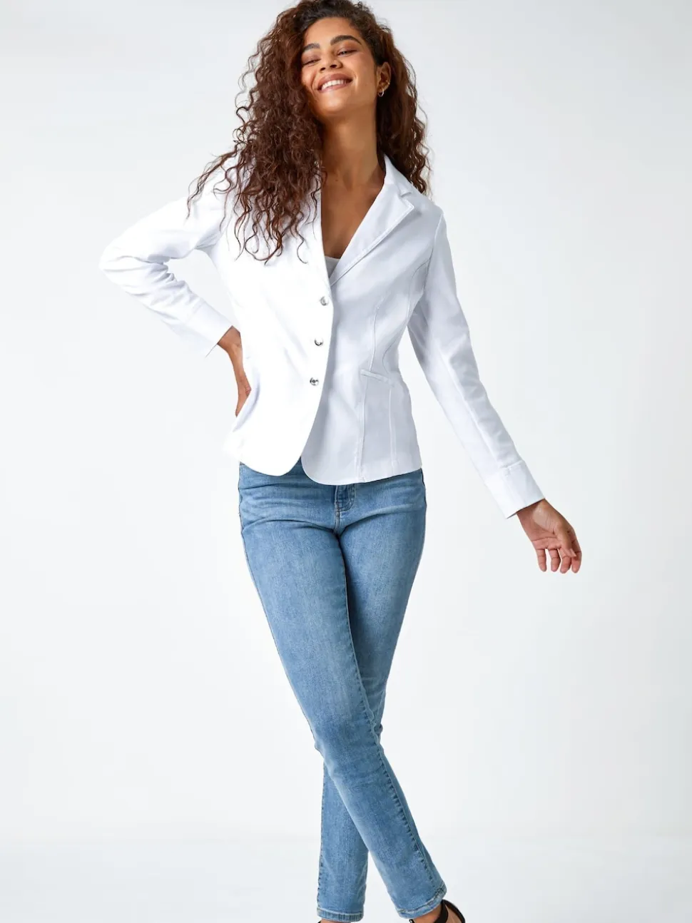 Roman White Stretch Button Detail Blazer