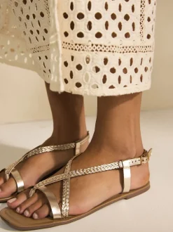 Rose Gold Leather Standard/Wide Fit Plait Strappy Toe Thong