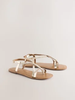 Rose Gold Leather Standard/Wide Fit Plait Strappy Toe Thong