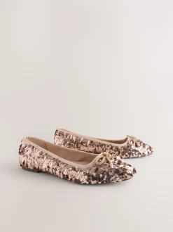 Rose Gold Sequin Standard/Wide Fit Round Toe Ballerina Shoes