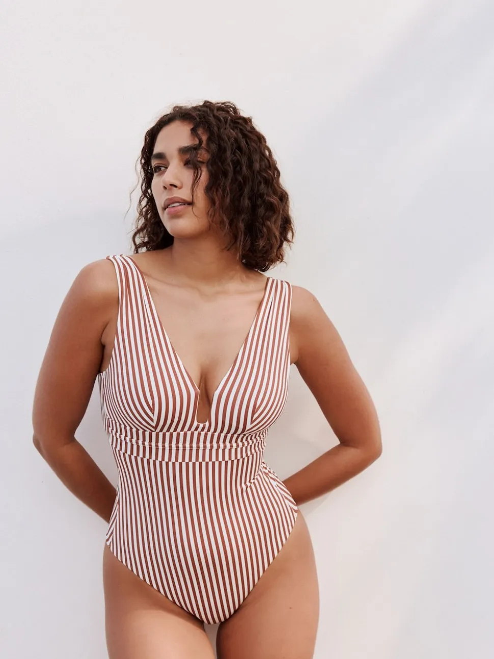 Rose/White Stripe Plunge Shaping Tummy Control Swimsuit