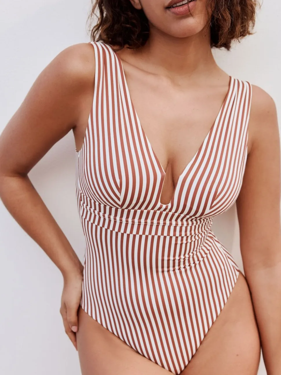 Rose/White Stripe Plunge Shaping Tummy Control Swimsuit