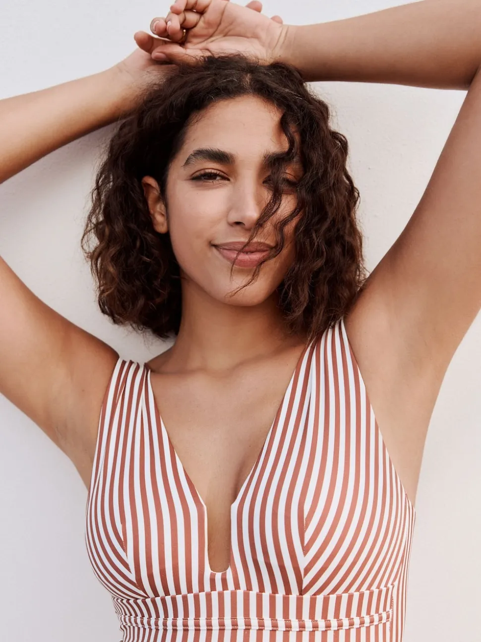Rose/White Stripe Plunge Shaping Tummy Control Swimsuit