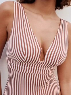 Rose/White Stripe Plunge Shaping Tummy Control Swimsuit