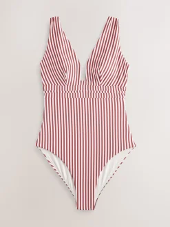 Rose/White Stripe Plunge Shaping Tummy Control Swimsuit