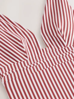 Rose/White Stripe Plunge Shaping Tummy Control Swimsuit