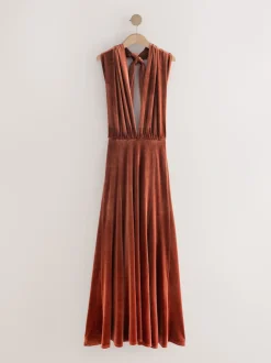 Rust Brown Bridesmaid Velvet Multiway Maxi Dress