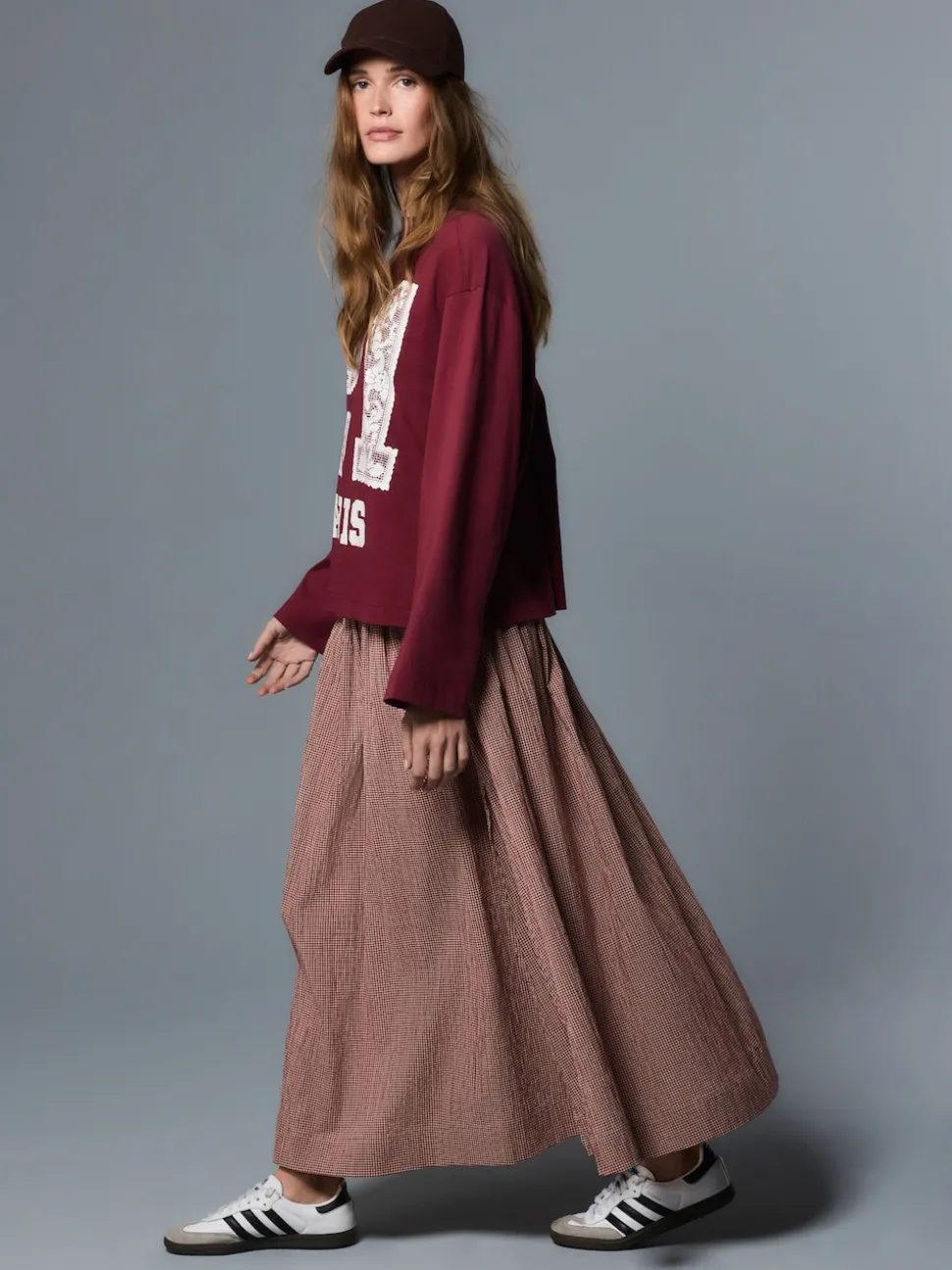Rust Brown Drop Waist Gingham Maxi Skirt
