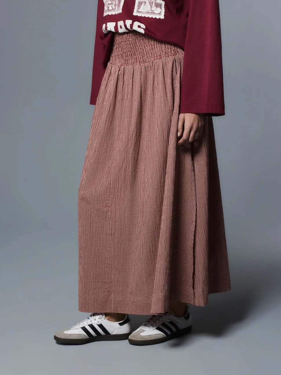 Rust Brown Drop Waist Gingham Maxi Skirt