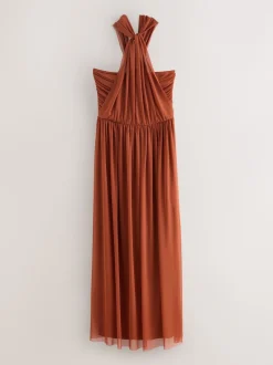 Rust Brown Mesh Multiway Wedding Guest Bridesmaid Maxi Dress