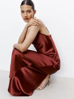 Rust Brown Satin Cowl Neck Wedding Guest Bridesmaid Maxi Dress