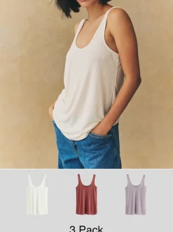 Rust/Cream/Mauve Purple Strappy Scoop Neck Slouch Ribbed Vests 3 Pack
