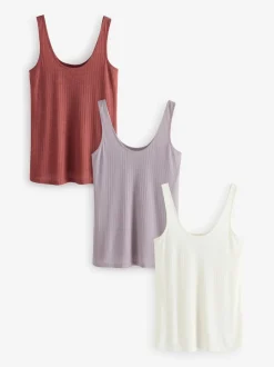 Rust/Cream/Mauve Purple Strappy Scoop Neck Slouch Ribbed Vests 3 Pack
