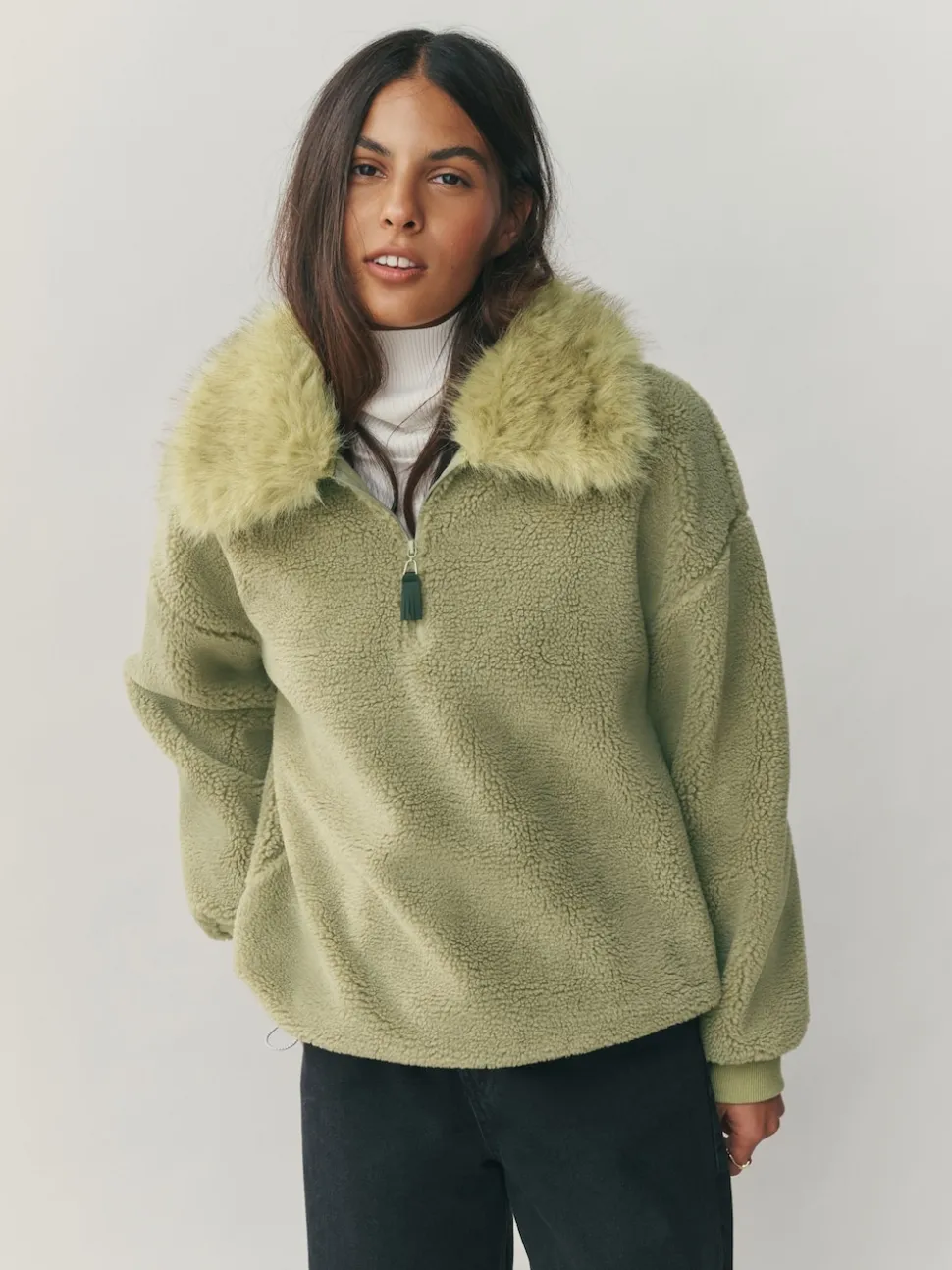 Sage Green Borg Quarter Zip Fleece with Fur Collar