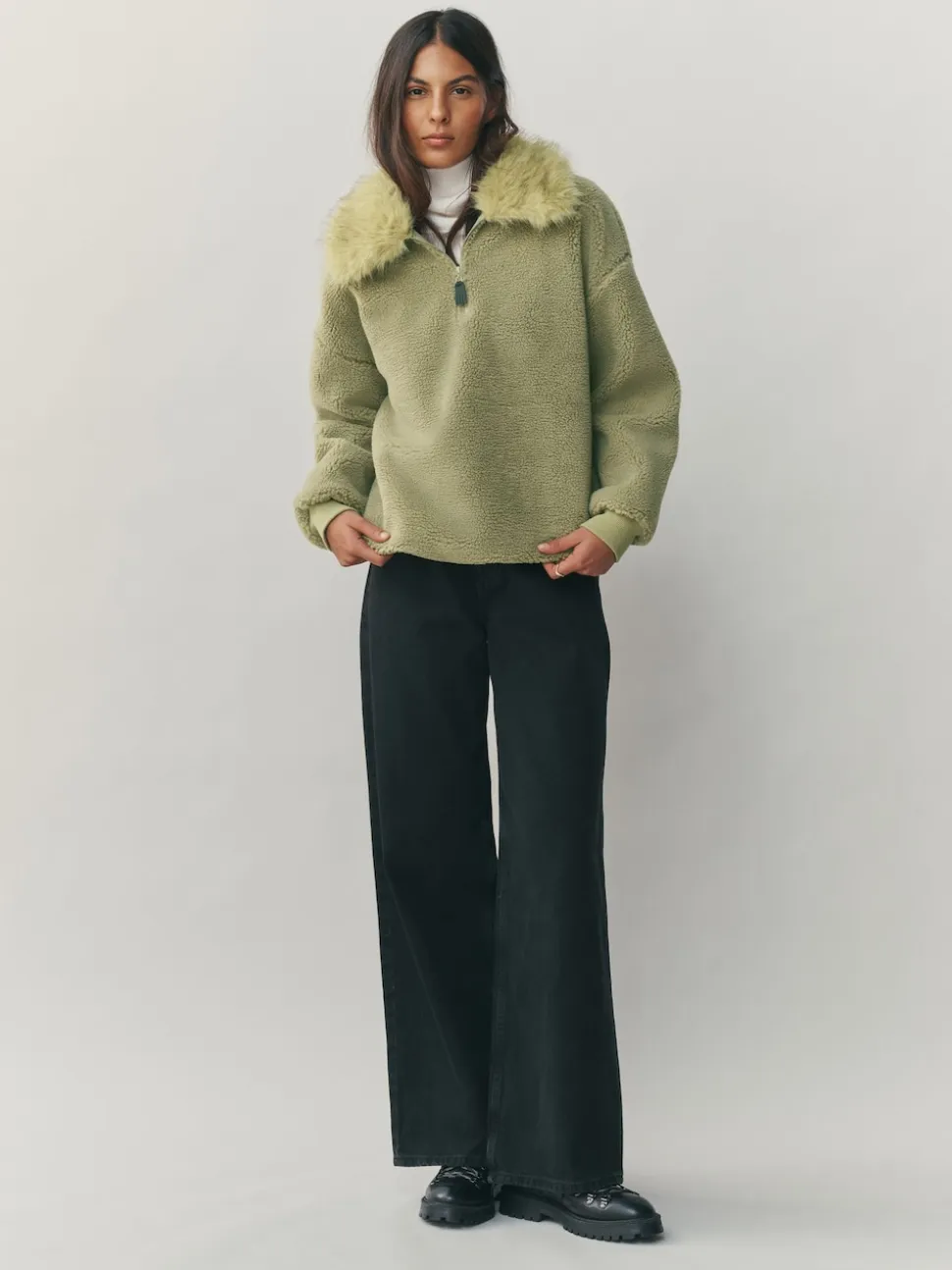 Sage Green Borg Quarter Zip Fleece with Fur Collar