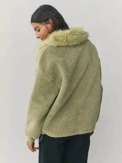 Sage Green Borg Quarter Zip Fleece with Fur Collar