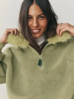 Sage Green Borg Quarter Zip Fleece with Fur Collar