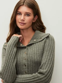 Sage Green Gold Button Ribbed Collar Cardigan
