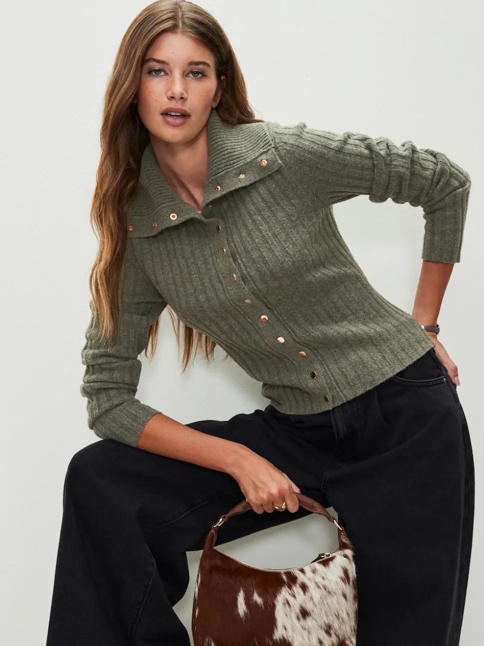 Sage Green Gold Button Ribbed Collar Cardigan