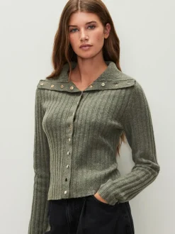 Sage Green Gold Button Ribbed Collar Cardigan