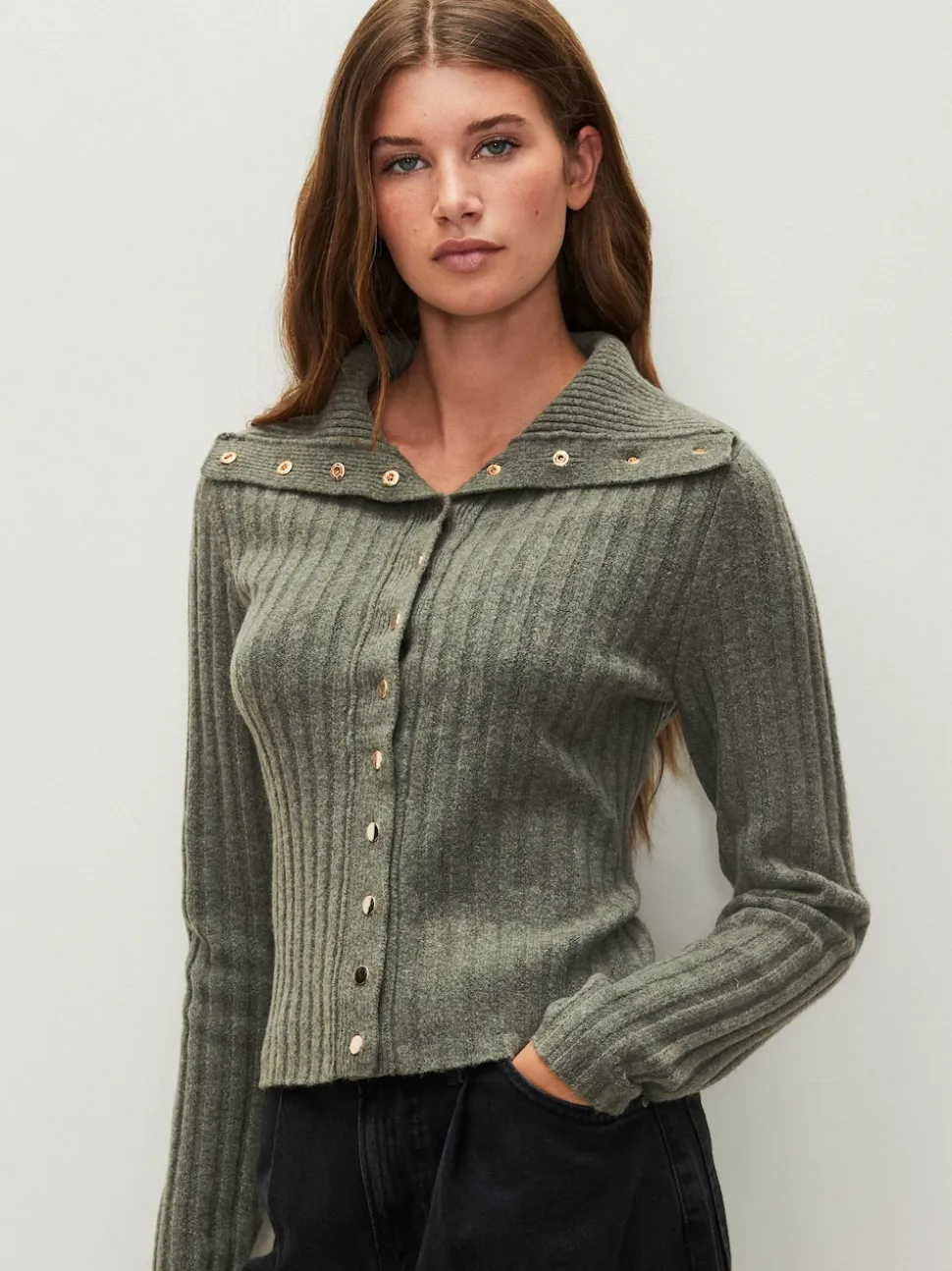 Sage Green Gold Button Ribbed Collar Cardigan