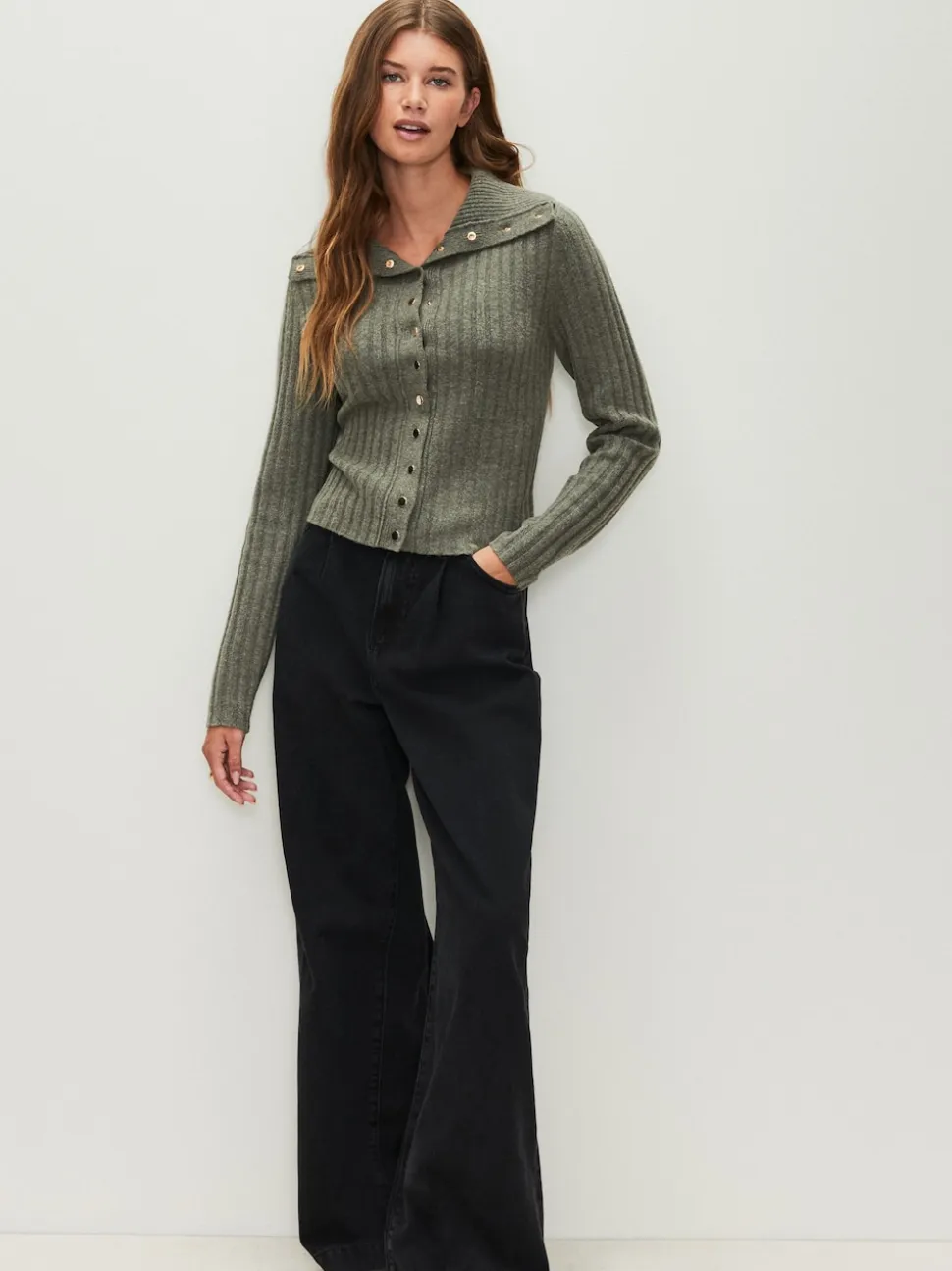 Sage Green Gold Button Ribbed Collar Cardigan