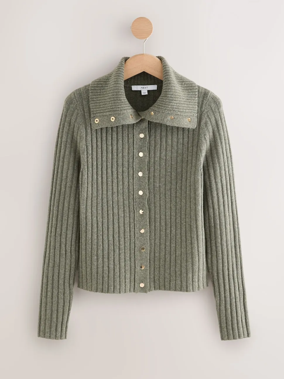 Sage Green Gold Button Ribbed Collar Cardigan