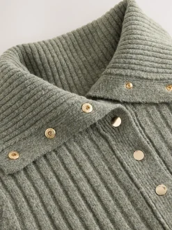 Sage Green Gold Button Ribbed Collar Cardigan