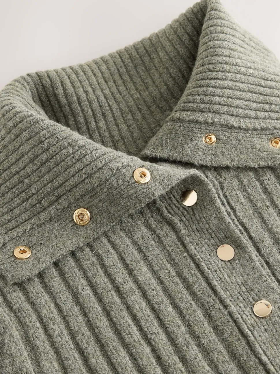 Sage Green Gold Button Ribbed Collar Cardigan