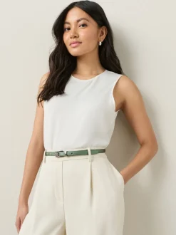 Sage Green Satin Skinny Belt with Diamante Square Buckle