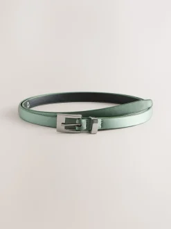 Sage Green Satin Skinny Belt with Diamante Square Buckle