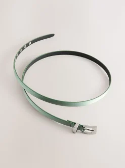 Sage Green Satin Skinny Belt with Diamante Square Buckle